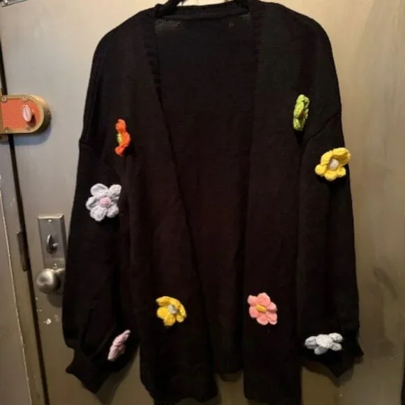 Retro Boho Floral Patched Drop Shoulder Open front Sweater Cardigan - NWOT - Picture 6 of 16